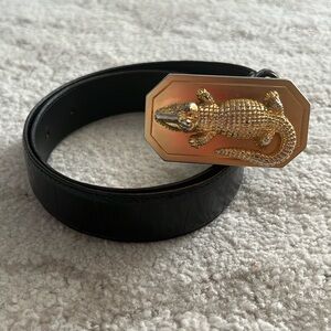 Vintage Avignon Genuine Leather Belt  with Gold Alligator Design  Buckle